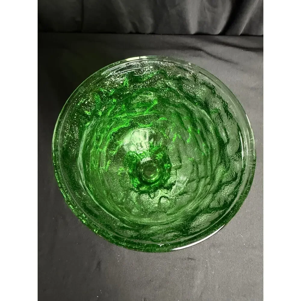 Vintage Anchor Hocking Emerald Green Bark Glass Pedestal Vase Planter Urn 7